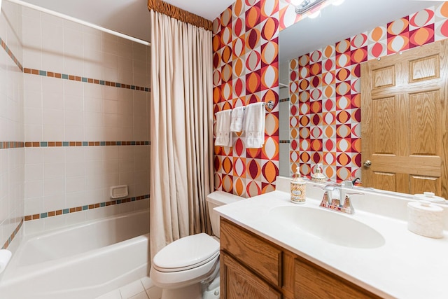 1607 Park Point, Ridge Point, Park Ridge, IL 60068 - bathroom featuring vanity, toilet, shower / bathtub combination with curtain, and wallpapered walls