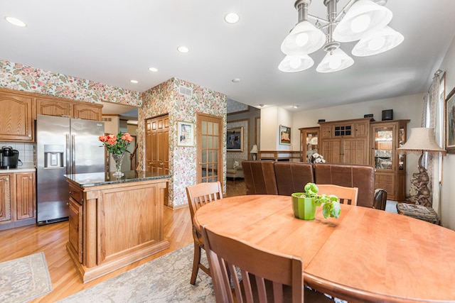 1607 Park Point, Ridge Point, Park Ridge, IL 60068 - dining space with wallpapered walls, light wood-style flooring, a chandelier, and recessed lighting