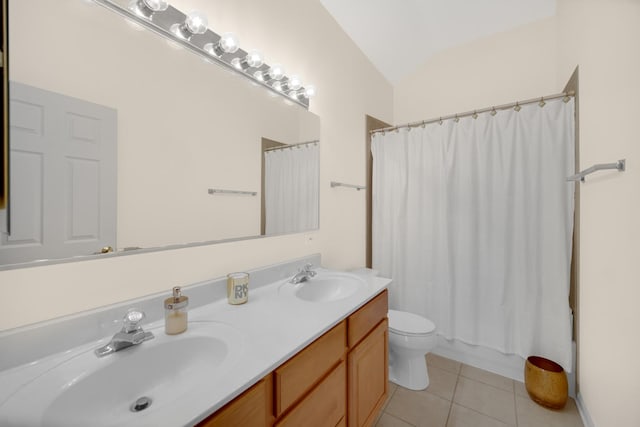 679 Prestwick Ln, Wheeling, IL 60090 - bathroom with tile patterned floors, double vanity, lofted ceiling, toilet, and shower / bath combination with curtain