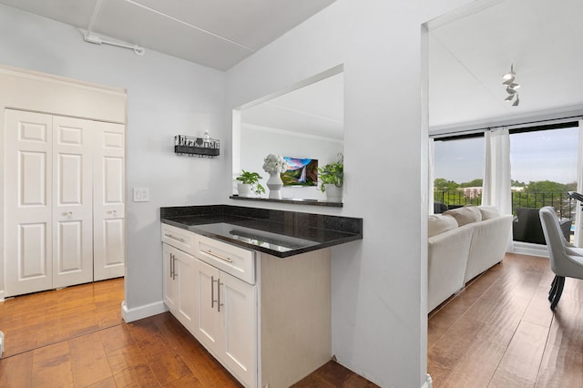 9737 N Fox Glen Dr Unit 5C, Niles, IL 60714 - kitchen featuring white cabinets, track lighting, and hardwood / wood-style flooring
