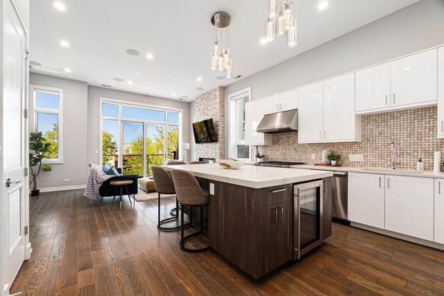 1513 W Walton St Unit 3, Chicago, IL 60642 - kitchen with beverage cooler, a sink, under cabinet range hood, dark wood-style flooring, and tasteful backsplash