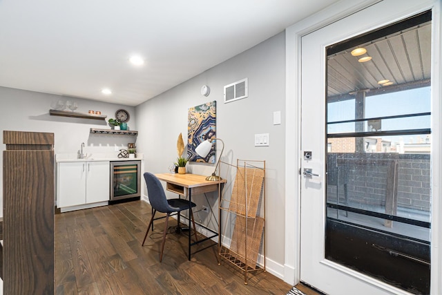 1513 W Walton St Unit 3, Chicago, IL 60642 - kitchen with wine cooler, white cabinetry, open shelves, dark wood-style flooring, and light countertops