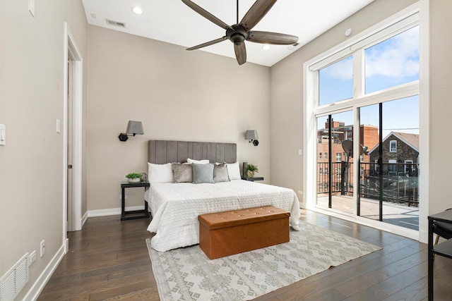 1513 W Walton St Unit 3, Chicago, IL 60642 - bedroom featuring access to exterior, dark wood finished floors, baseboards, recessed lighting, and ceiling fan