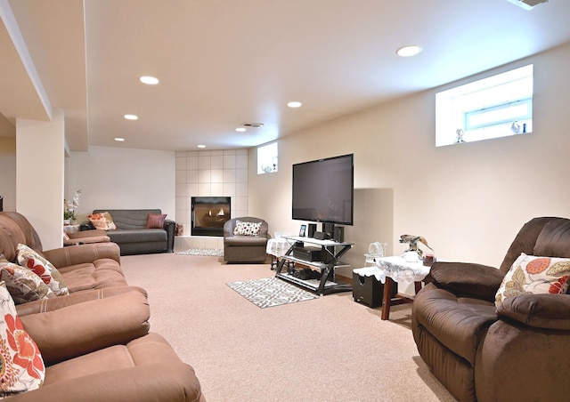 7513 W Isham Ave, Chicago, IL 60631 - carpeted living area with recessed lighting and a tiled fireplace