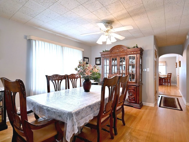 7513 W Isham Ave, Chicago, IL 60631 - dining area featuring arched walkways, light wood-type flooring, a ceiling fan, and baseboards