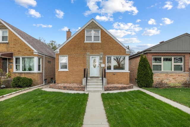 6309 W Devon Ave, Chicago, IL 60646 - bungalow-style house with a chimney, a front lawn, and brick siding