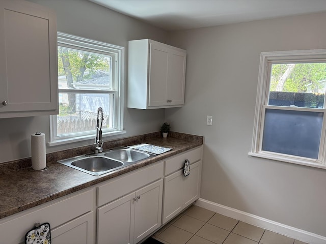 926 Park Ave, Winthrop Harbor, IL 60096 - kitchen featuring a sink, dark countertops, white cabinetry, light tile patterned floors, and baseboards