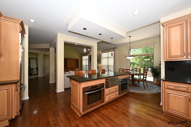 328 Erie Cir, Bloomingdale, IL 60108 - kitchen with stainless steel appliances, a warming drawer, recessed lighting, dark wood finished floors, and pendant lighting
