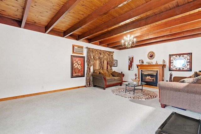 125 Seton Pl, Streamwood, IL 60107 - living room featuring carpet, wood ceiling with exposed beams, a warm lit fireplace, baseboards, and a chandelier