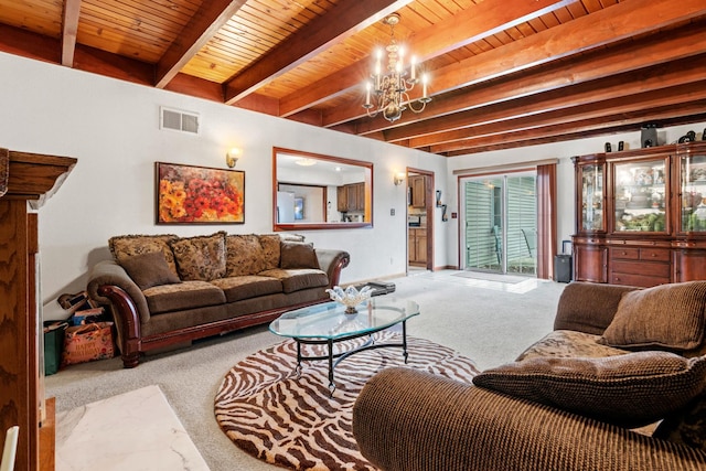 125 Seton Pl, Streamwood, IL 60107 - carpeted living room featuring wooden ceiling with exposed beams and a chandelier
