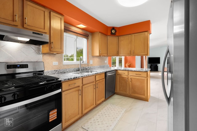 820 N Dexter Ln, Hoffman Estates, IL 60169 - kitchen featuring appliances with stainless steel finishes, a sink, under cabinet range hood, light stone counters, and a peninsula