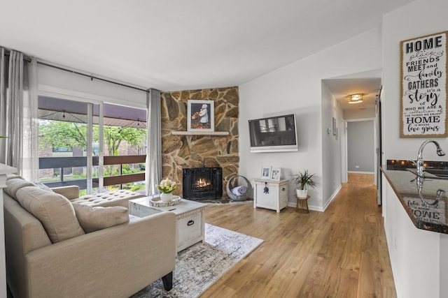 5 Cobblestone Ct Unit C, Palos Hills, IL 60465 - living area with light wood finished floors, a stone fireplace, and baseboards