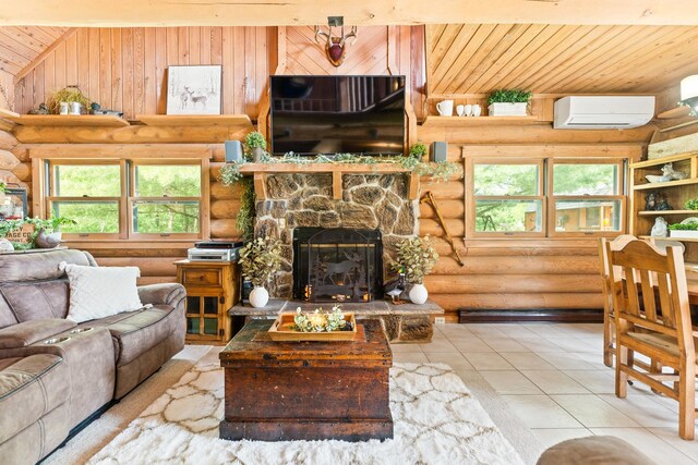 310 N Oak Ln, Dixon, IL 61021 - living area with a wall mounted air conditioner, rustic walls, wood ceiling, healthy amount of natural light, and a fireplace
