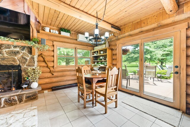 310 N Oak Ln, Dixon, IL 61021 - dining room featuring wood ceiling with exposed beams, rustic walls, a chandelier, healthy amount of natural light, and tile patterned flooring