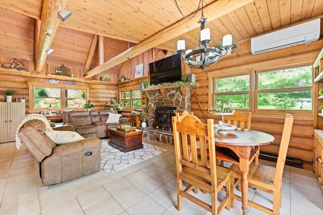 310 N Oak Ln, Dixon, IL 61021 - tiled dining space with a wall unit AC, rustic walls, wooden ceiling, a chandelier, and a stone fireplace