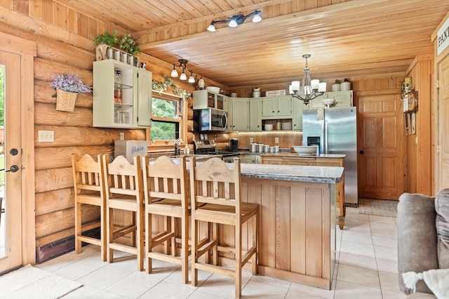 310 N Oak Ln, Dixon, IL 61021 - kitchen with stainless steel appliances, green cabinetry, a chandelier, wooden ceiling, and a peninsula