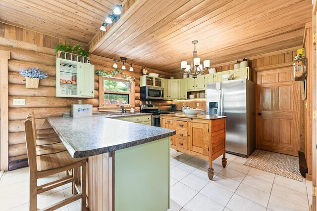 310 N Oak Ln, Dixon, IL 61021 - kitchen featuring appliances with stainless steel finishes, rustic walls, green cabinetry, a peninsula, and open shelves