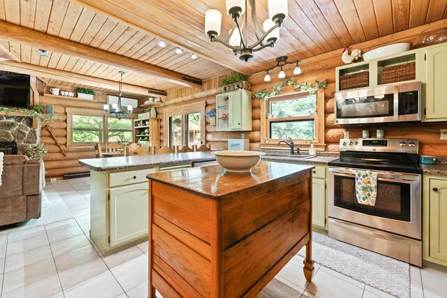 310 N Oak Ln, Dixon, IL 61021 - kitchen featuring rustic walls, stainless steel appliances, wooden ceiling with exposed beams, a chandelier, and a sink