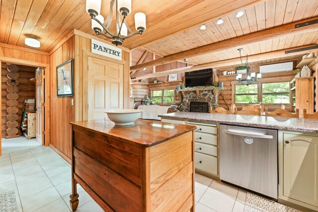 310 N Oak Ln, Dixon, IL 61021 - kitchen featuring rustic walls, dishwasher, a chandelier, wooden ceiling with exposed beams, and healthy amount of natural light