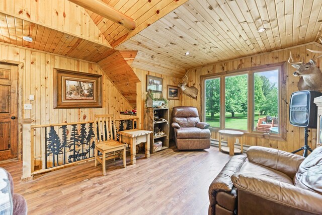 310 N Oak Ln, Dixon, IL 61021 - living area with wooden walls, wooden ceiling, wood finished floors, and vaulted ceiling