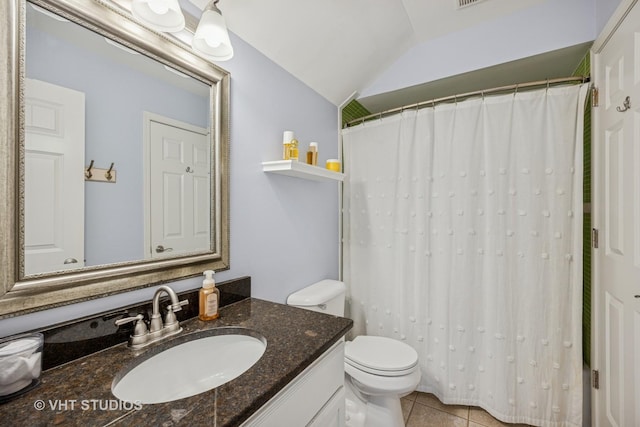 651 Clover Dr, Algonquin, IL 60102 - full bathroom with vaulted ceiling, vanity, toilet, tile patterned flooring, and a shower with shower curtain