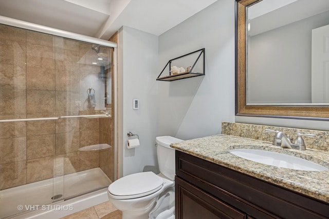 651 Clover Dr, Algonquin, IL 60102 - bathroom featuring toilet, vanity, a stall shower, and tile patterned floors