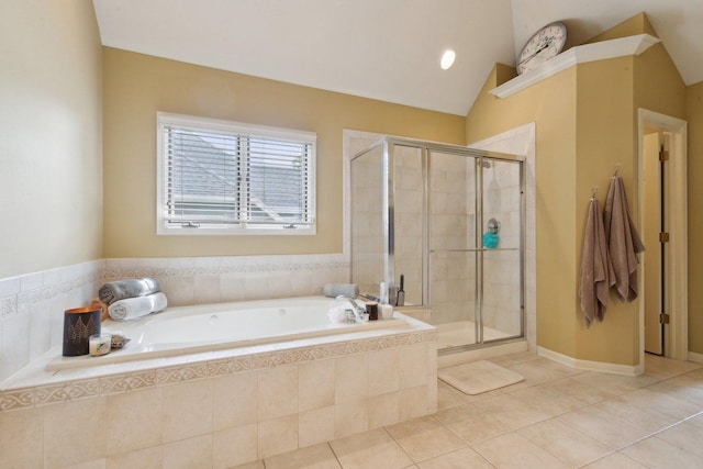 2156 Red Maple Ln, Aurora, IL 60502 - bathroom with a bath, a shower stall, tile patterned flooring, and vaulted ceiling
