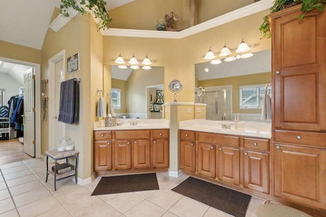 2156 Red Maple Ln, Aurora, IL 60502 - bathroom with tile patterned floors, a stall shower, two vanities, and vaulted ceiling