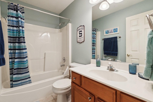 2156 Red Maple Ln, Aurora, IL 60502 - bathroom with shower / bathtub combination with curtain, vanity, toilet, and tile patterned flooring