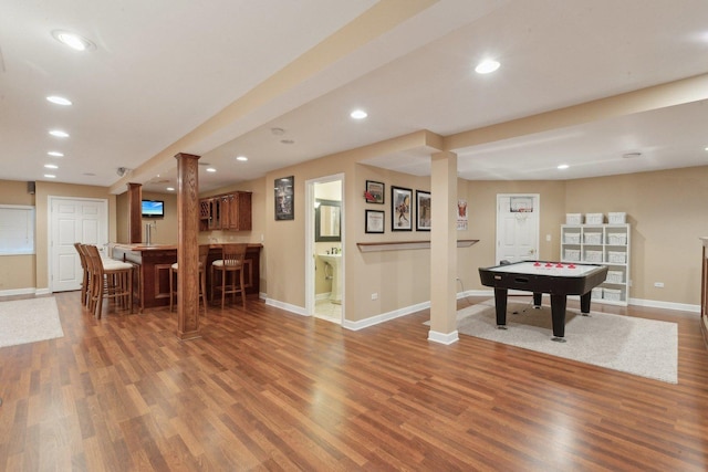 2156 Red Maple Ln, Aurora, IL 60502 - playroom with bar area, baseboards, wood finished floors, billiards, and recessed lighting