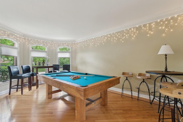 2156 Red Maple Ln, Aurora, IL 60502 - rec room with crown molding, billiards, light wood finished floors, and baseboards