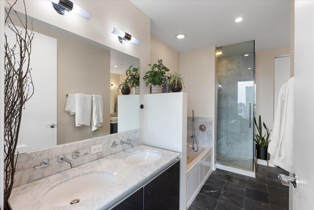 600 N Fairbanks Ct Unit 3306, Chicago, IL 60611 - bathroom with a garden tub, double vanity, a tile shower, and recessed lighting