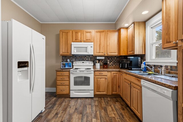 207 N E Ave, Ogden, IL 61859 - kitchen featuring white appliances, crown molding, backsplash, dark wood finished floors, and a sink