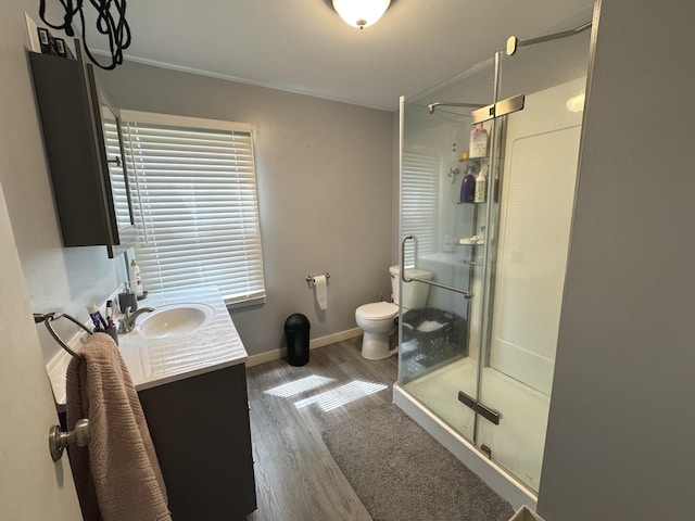 25 W Main St, Amboy, IL 61310 - bathroom featuring a shower stall, vanity, toilet, wood finished floors, and baseboards