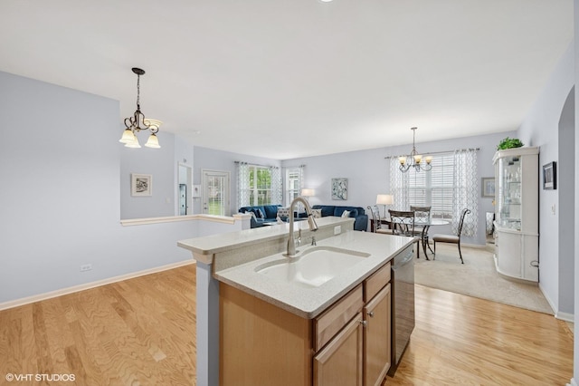 1736 Francis Dr, Pingree Grove, IL 60140 - kitchen with a sink, a chandelier, stainless steel dishwasher, light wood-type flooring, and open floor plan