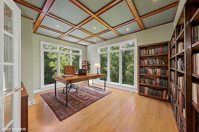41W180 Highwood Ct, Elburn, IL 60119 - home office with wood finished floors, coffered ceiling, recessed lighting, and french doors