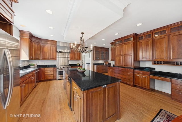 41W180 Highwood Ct, Elburn, IL 60119 - kitchen featuring stainless steel appliances, wall chimney range hood, light wood-style floors, a center island, and recessed lighting