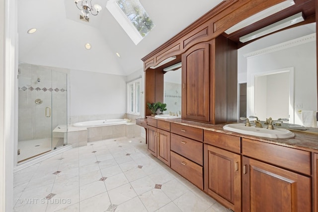 41W180 Highwood Ct, Elburn, IL 60119 - full bath with a garden tub, double vanity, a stall shower, a skylight, and tile patterned floors