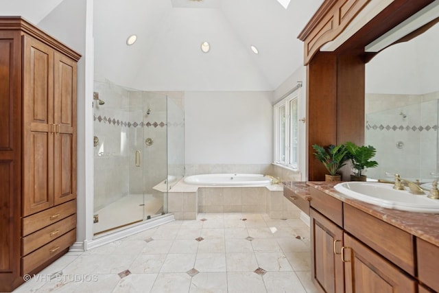 41W180 Highwood Ct, Elburn, IL 60119 - bathroom with a garden tub, a stall shower, vanity, lofted ceiling, and tile patterned floors