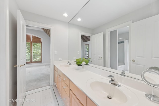 41W180 Highwood Ct, Elburn, IL 60119 - full bathroom with tile patterned floors, double vanity, recessed lighting, and a shower with shower curtain