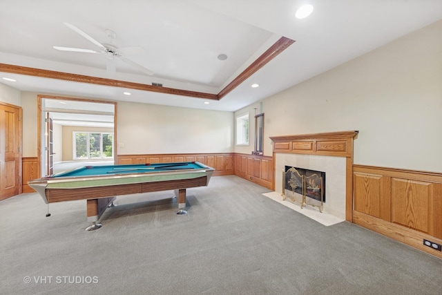 41W180 Highwood Ct, Elburn, IL 60119 - rec room with a wainscoted wall, light colored carpet, pool table, a tiled fireplace, and recessed lighting