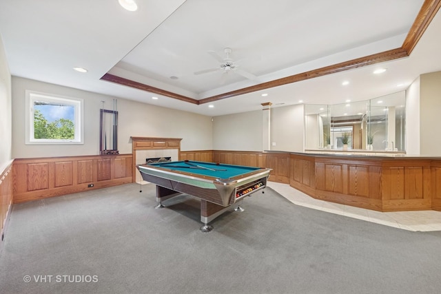 41W180 Highwood Ct, Elburn, IL 60119 - game room featuring wainscoting, pool table, a fireplace, a ceiling fan, and recessed lighting