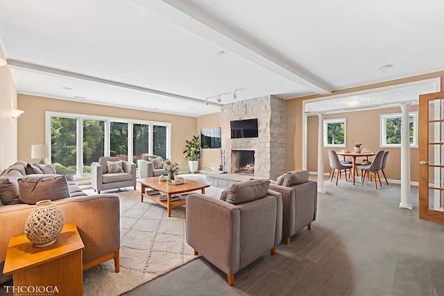 41W180 Highwood Ct, Elburn, IL 60119 - living room featuring a stone fireplace and decorative columns