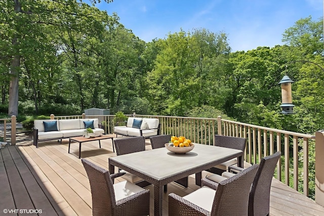 41W180 Highwood Ct, Elburn, IL 60119 - deck featuring an outdoor hangout area, a storage unit, and outdoor dining space