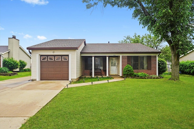 1026 Bothwell Ct, Bolingbrook, IL 60440 - ranch-style house featuring concrete driveway, a front lawn, an attached garage, brick siding, and a porch