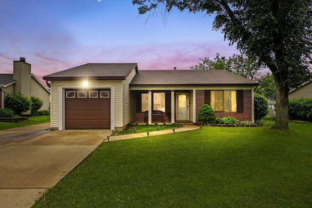 1026 Bothwell Ct, Bolingbrook, IL 60440 - single story home featuring a garage, covered porch, a yard, concrete driveway, and brick siding