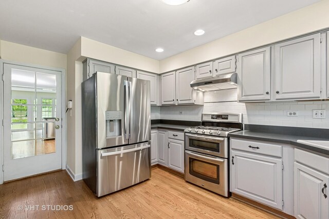 818 Kalamazoo Cir, Vernon Hills, IL 60061 - kitchen featuring appliances with stainless steel finishes, under cabinet range hood, gray cabinets, dark countertops, and backsplash