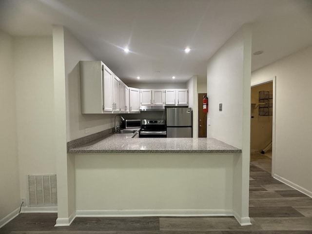 5800 Oakwood Dr Unit 2J, Lisle, IL 60532 - kitchen featuring appliances with stainless steel finishes, under cabinet range hood, dark wood-style flooring, a peninsula, and recessed lighting