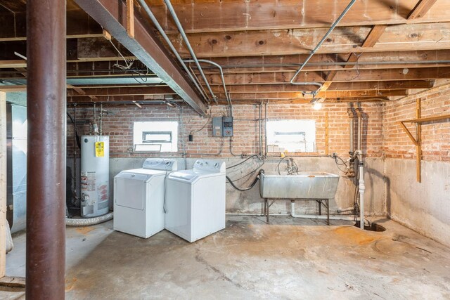 4224 W 109th St, Oak Lawn, IL 60453 - below grade area with water heater, a sink, separate washer and dryer, brick wall, and electric panel