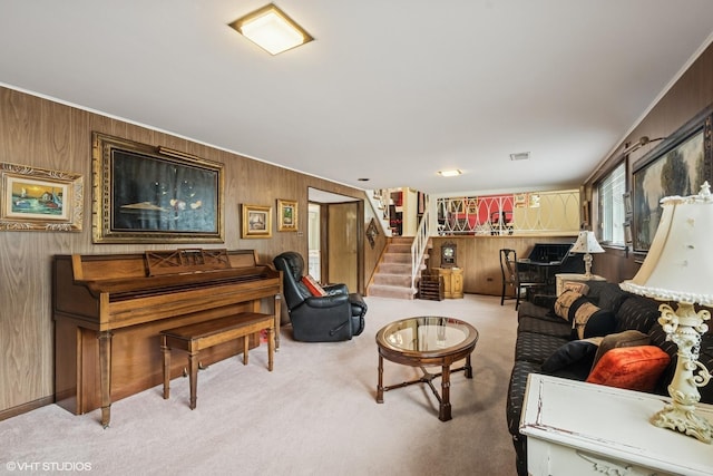 9047 Crawford Ave, Skokie, IL 60076 - carpeted living room with wood walls and stairway